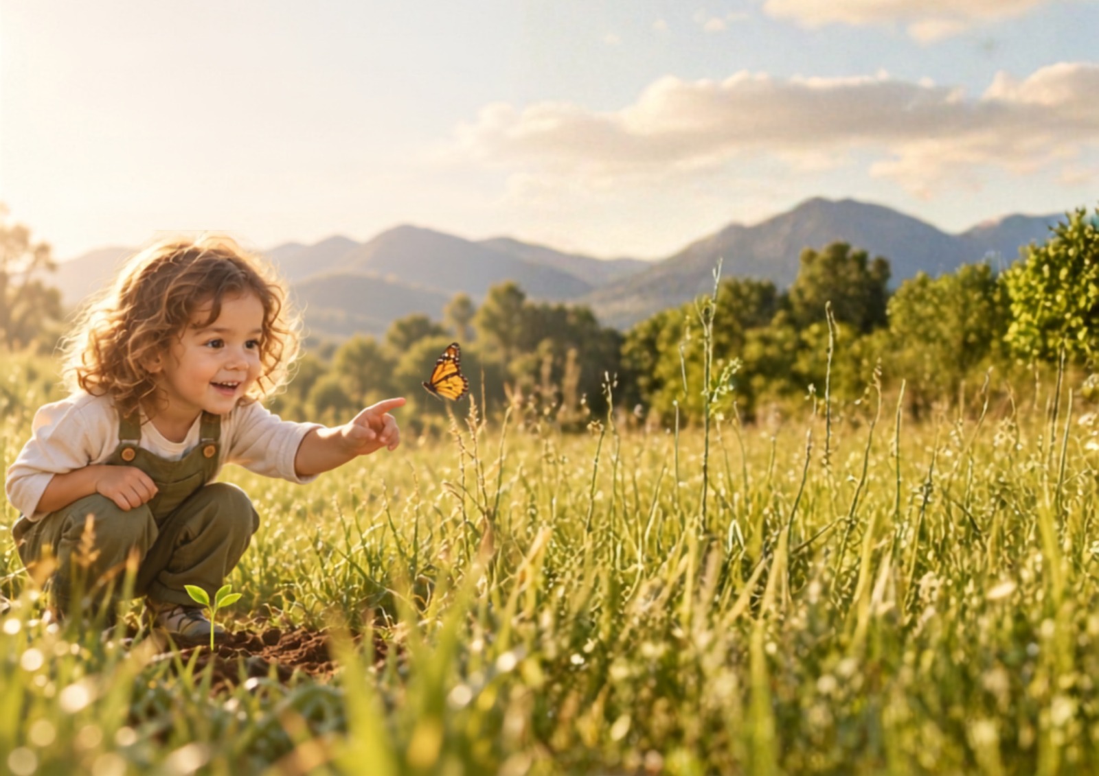 A child in a sunlit meadow points at a butterfly hovering beside a new seedling — every big learner starts with a small wonder